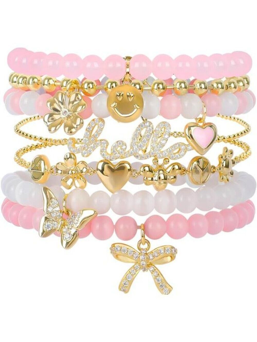 Pink beaded bracelet set for women 7pcs stackable opal stone gold charm jewelry